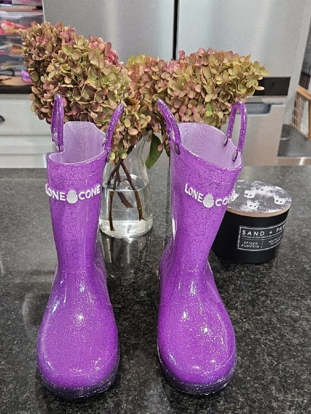 Kids Purple Glitter Rain Boots with Pull Handles